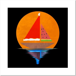 Sundown Sailing Ship Santas Hat Watermelon Christmas In July Posters and Art